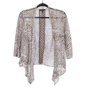 Zebra Print Cardigan Sweater XL Lace Open Knit Crochet Brown White Handkerchief